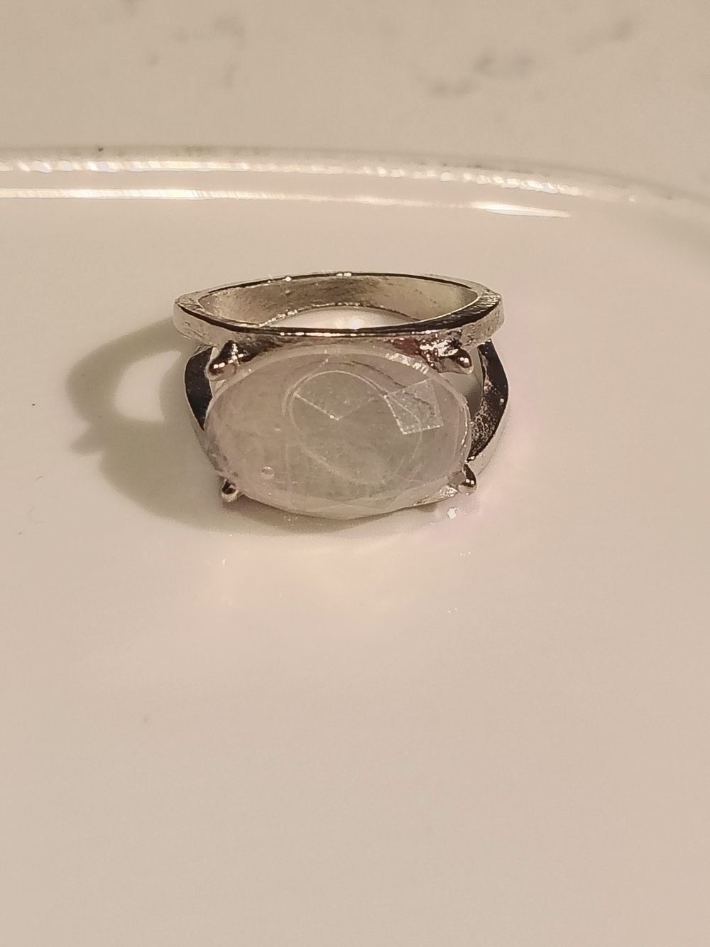 Silver Style Ring with Oval White Stone